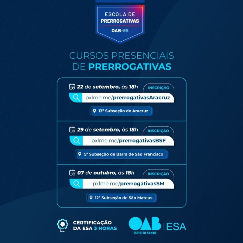 A Escola de Prerrogativas da OAB-ES está oferecendo cursos presenciais para a advocacia de Norte a Sul do Estado