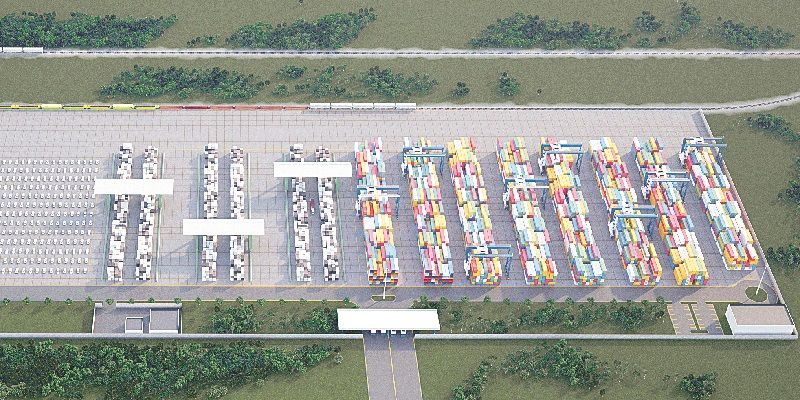 Projeção de unidade de transbordo com a ferrovia, planejada para ligar projeto portuário capixaba a cargas em Minas: possibilidade de passageiros (Foto: Divulgação/ AT)