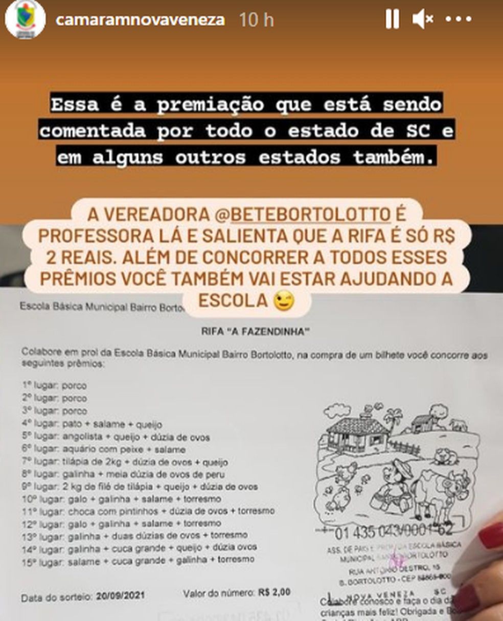 Lista com os prêmios listados por vereadora em Nova Veneza (Foto: Divulgação/Instagram)
