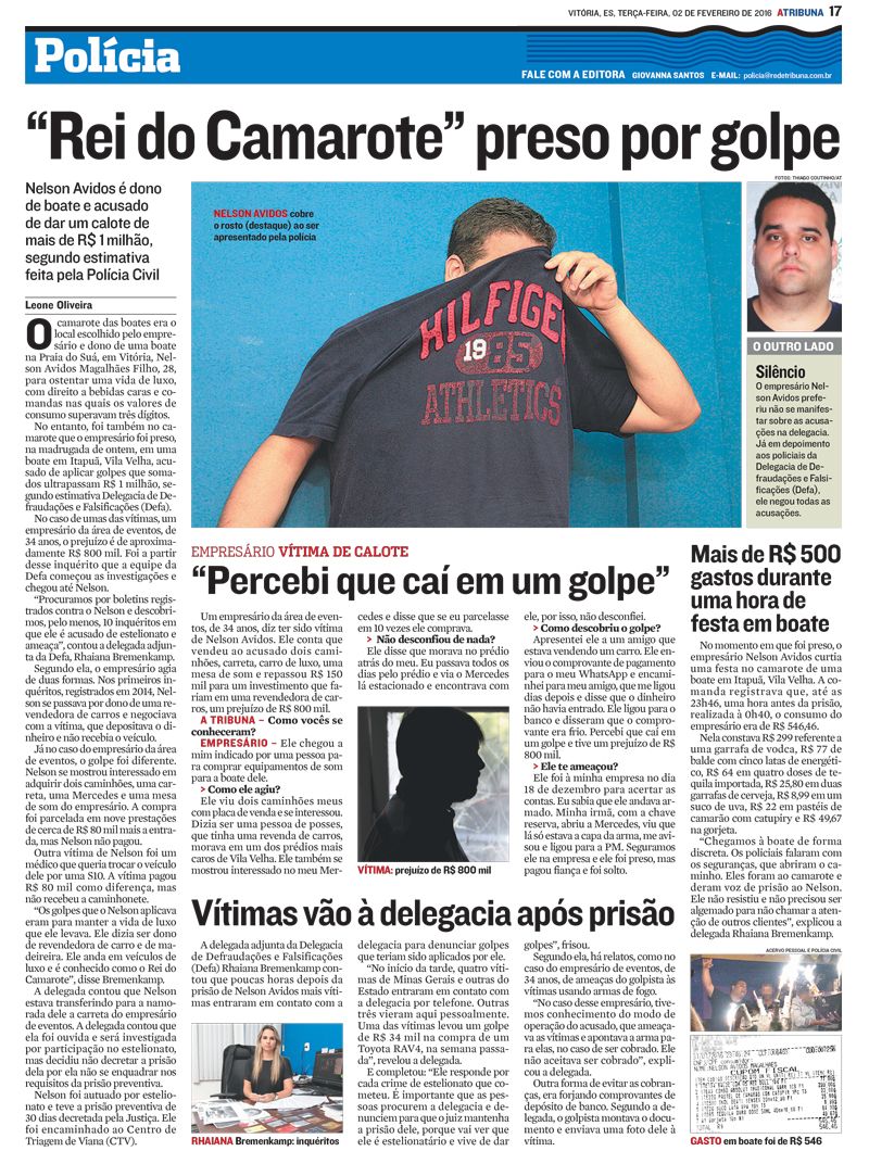 Reportagem de A Tribuna, em 2016, relatou a prisão de Nelson Avidos (Foto: Reprodução / Jornal A Tribuna 02/02/2016)