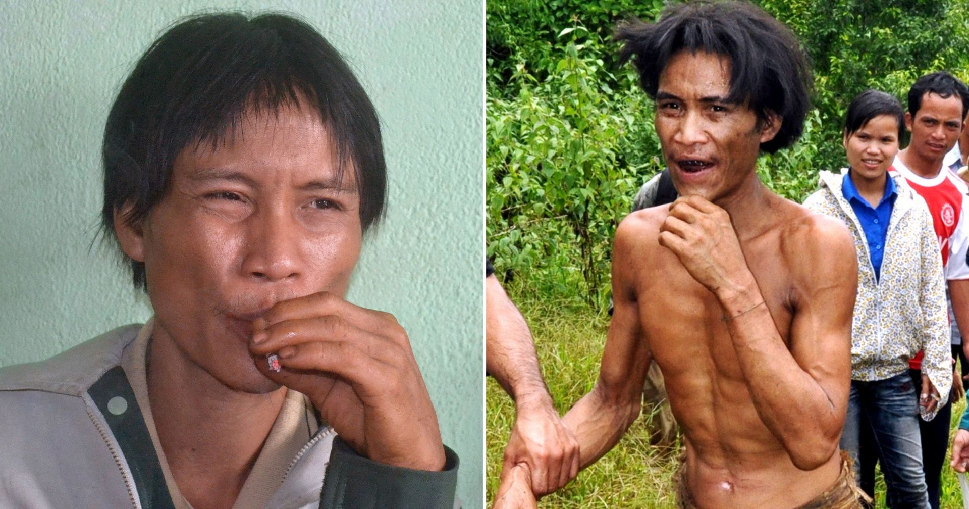 Vietnamita Ho Van Lang, conhecido como o “Tarzan da vida real”, na selva e após ser levado para a civilização (Foto: Divulgação)